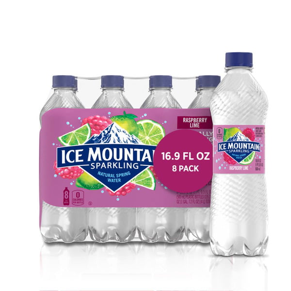 ICE MOUNTAIN Sparkling Water, Raspberry Lime, 16.9 fl oz Bottles, 8 Pack | Refreshing Zero Calorie Beverage