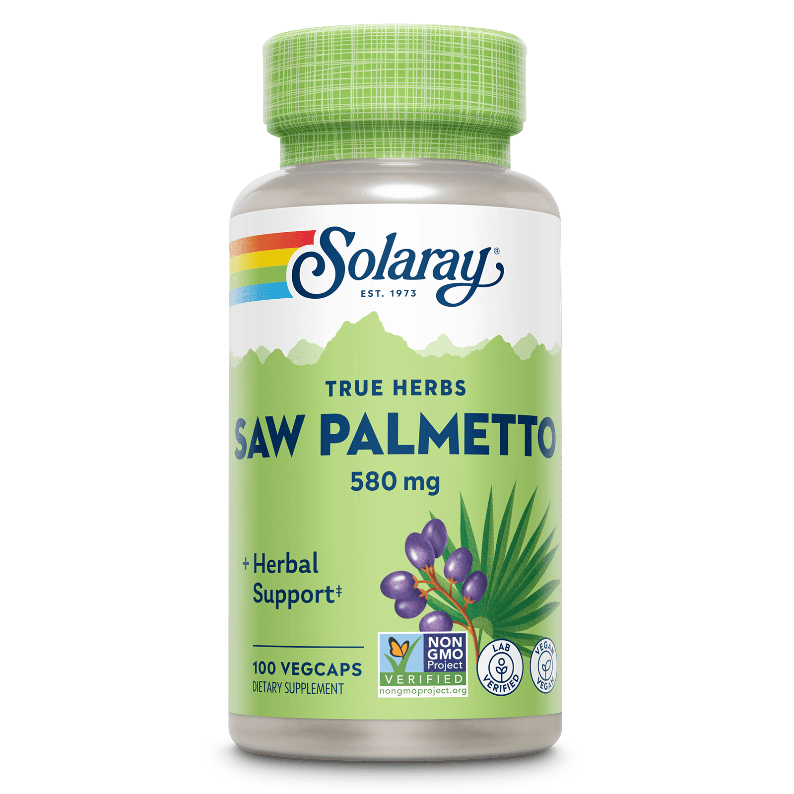SOLARAY Saw Palmetto Berries 580mg - Men's Wellness Supplements - Saw Palmetto for Men as They Age - 3 VegCaps Daily - Non GMO, Vegan, Gluten Free, Lab Verified, 60-Day Guarantee - 100 Servings