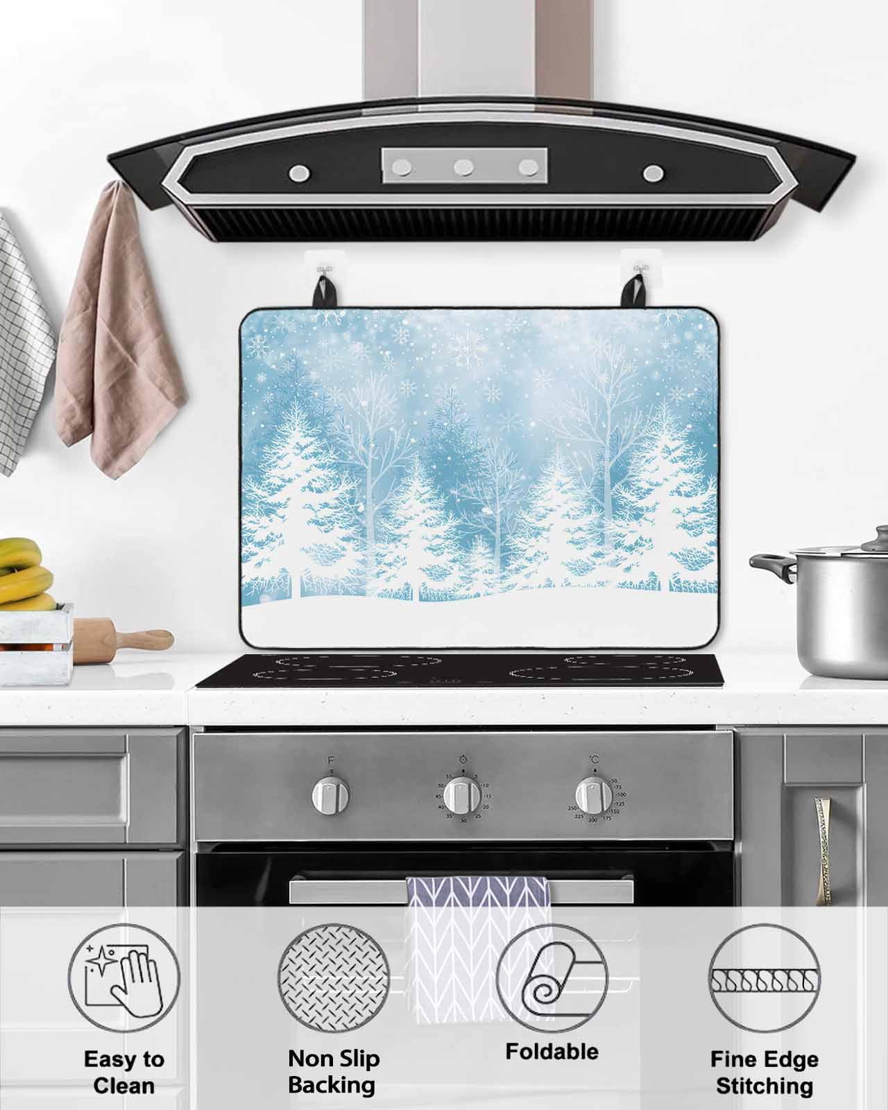 Large Induction Cooktop Protector Mat Blue Christmas Stove Top Covers for Electric Stove, Winter White Xmas Pine Tree Snow Scene Decorative Stove Burner Cover Mats, Glass Top Stove Cover
