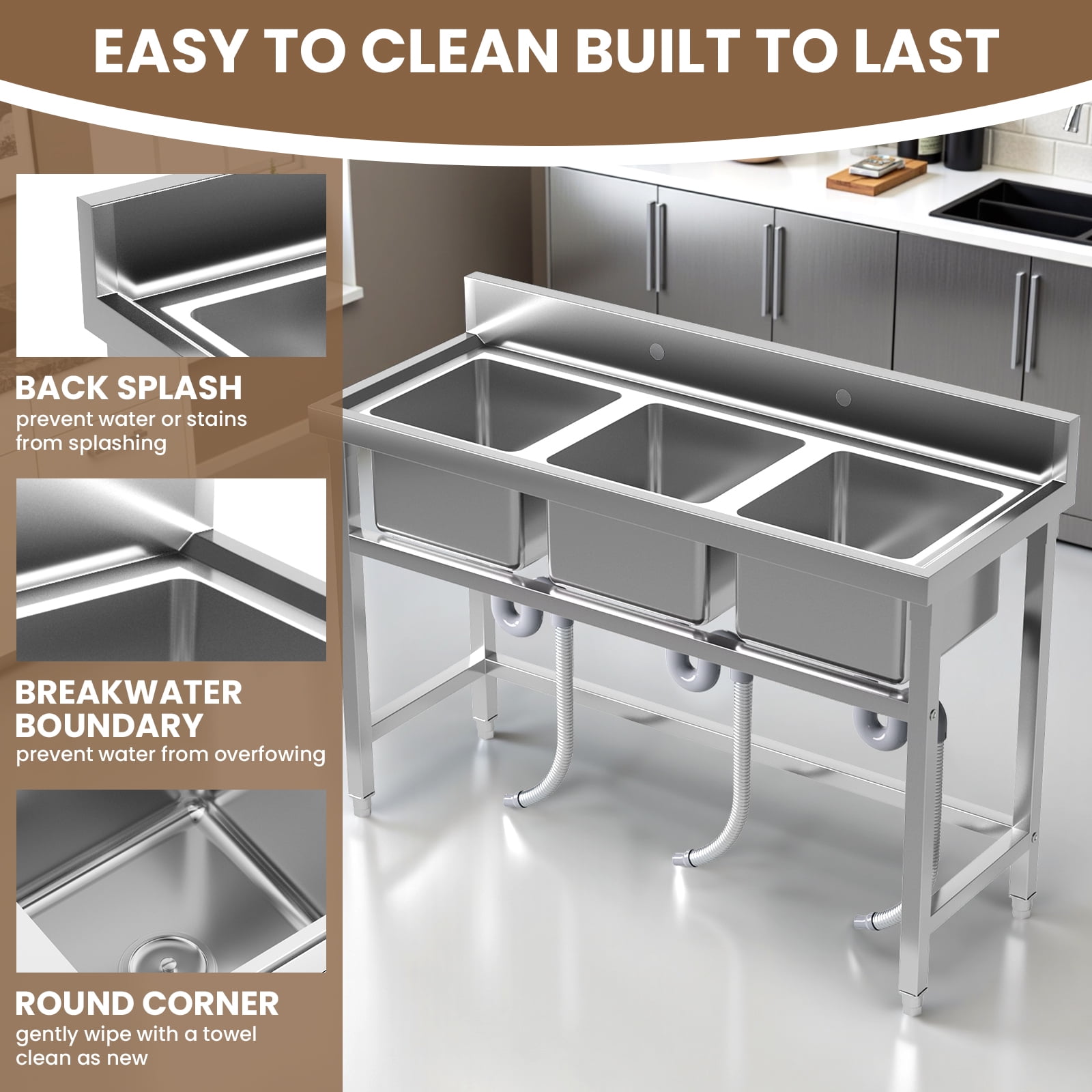 3 Compartment Utility Sink with Adjustable Legs, Heavy Duty Commercial Sink, Freestanding Utility Sink with 304 Stainless Steel for Restaurant, Food Truck
