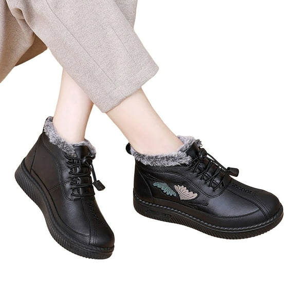 Platform Winter Snow boots for Women Waterproof Stitching Leather Embroidery Lace up Furry Lined Short Ankle Booties