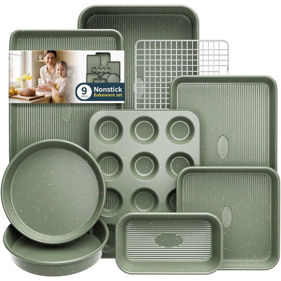 9pc Nonstick Ceramic Coated Carbon Steel Baking Pans, Stackable Oven Safe Bakeware with Cooling Rack, Muffin & Cookie Sheet, Green & Gold