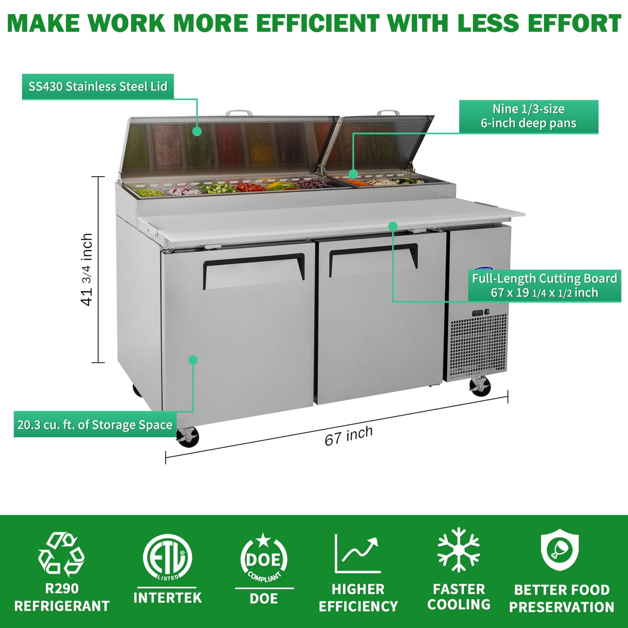 67 IN Commercial Pizza Prep Table with a Built-in Refrigerator 20.3 Cu.Ft, Butcher Block Cutting Board, Protection Lid, Cold Storage, and Smooth-Rolling Casters, ETL Certified （LTL carry)）