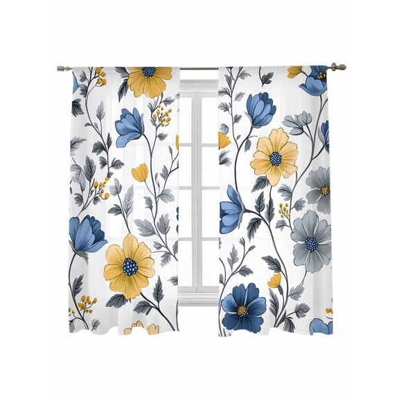 Yellow Blue Floral Sheer Curtains 2 Panels Set Vintage Leaf Lihgt Filtering Rod Pocket Voile Drape, Semi Sheer Window Curtains for Bedroom Living Room, 52"x63"