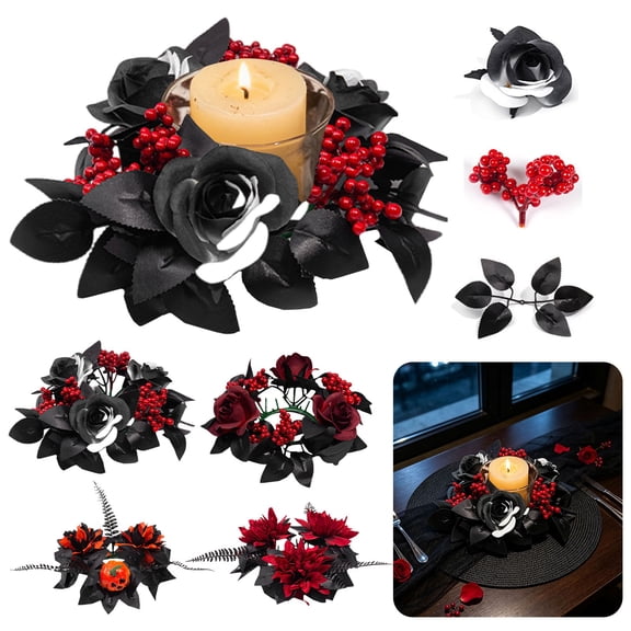 CPHDW7 Halloween Candle Holder, Gothic Black Rose Wreath Ring with Artificial Berries, Dark Autumn Table Centerpiece for Mantel Decor