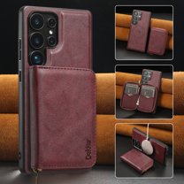 Wallet Case for Samsung Galaxy S24 Ultra Compatible with MagSafe for Men Women, Detachable Magnetic Flip Zipper Wallet with RFID Blocking Card Slots Shockproof Rugged Anti-fall Phone Case,Winered