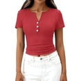 thumbnail image 6 of Qwertyu Women's 2026 Fall Summer Short Sleeve Tops Ribbed Henley Button Slim Fit Basic Casual T Shirts Blouse Clothing Vermilion S, 6 of 7