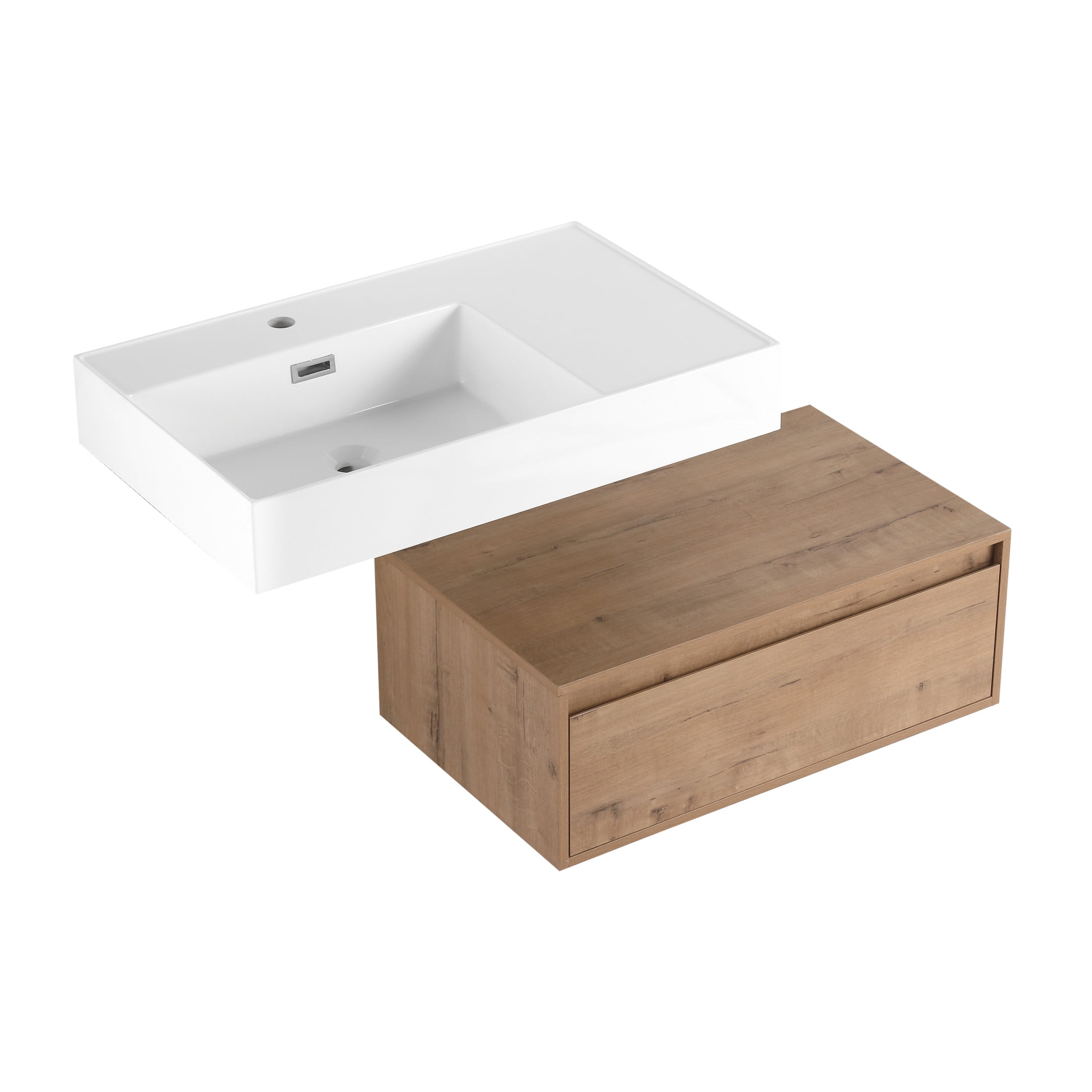 Noble House 30" Wall-Mounted Left Bathroom Vanity, Resin Sink, Soft-Close Drawer, Mid Century Design, Imitative Oak