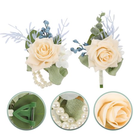 MLINS Artificial Flower Corsage and Boutonniere Set for Wedding Beige Fabric Wristlet with Pin and Ribbon