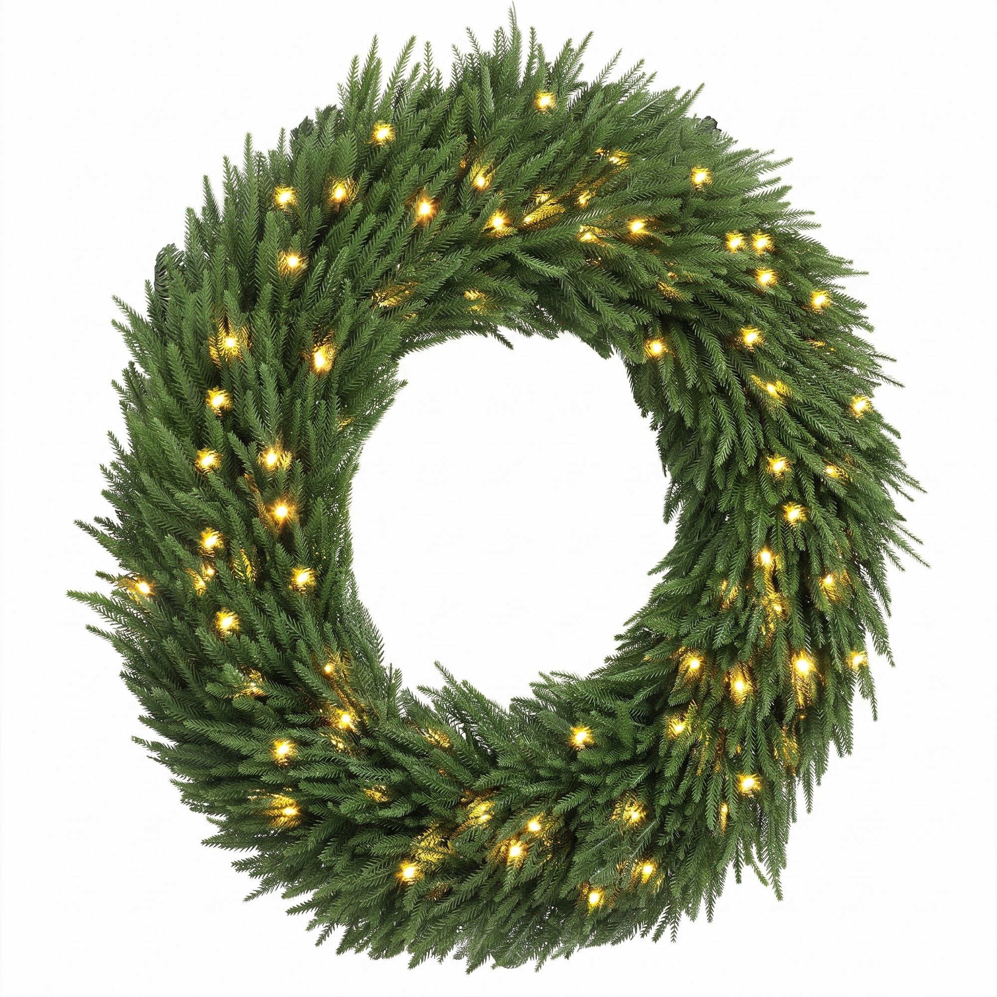 Pre-Lit Artificial Christmas Wreath, 48 in Norfolk Pine with 150 Warm White LED Lights, 770 Tips, Indoor and Covered Outdoor Holiday Door Decor