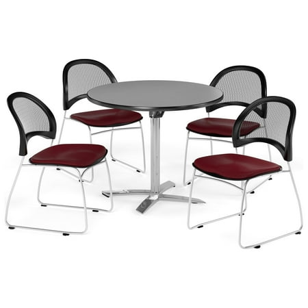 OFM Multi-Use Break Room Package, 36" Round Flip-Top Table with Moon Stack Chairs, Gray Nebula Finish with Black Seats (PKG-BRK-169)