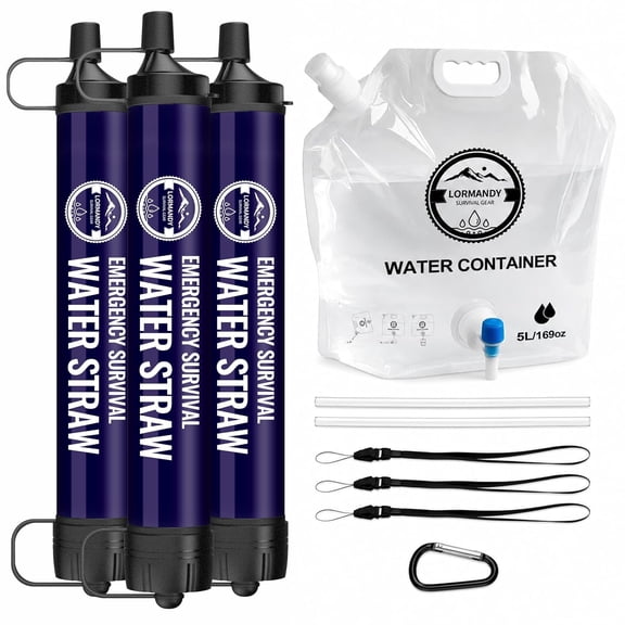 3 PACK Portable Water Filter Straw Mini Water Purifier Survival Gear for Emergencies, Hiking, Camping, Disaster Preparation-Deep Blue