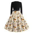 thumbnail image 6 of Halloween Dresses for Women Castle Bat Long Sleeve Cocktail Hepburn Cute Dress Crew Neck 1950s Retro Vintage Dresses with Belt L, 6 of 6