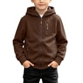 thumbnail image 2 of Childrens Solid Color Hooded Cardigan Sweatshirt, Boys' Zipper Pocket, Autumn And Winter Casual Warm Jacket Brown 8 Years, 2 of 9