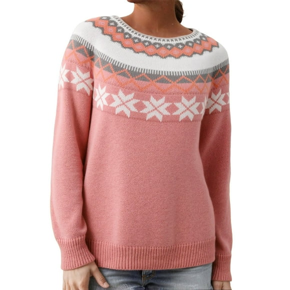 Fgnfyis Women's Fair Isle Knitted Sweater Long Sleeve Boat Neck Retro Lightweight Pullover Top Womens Sweaters for Winter Fashion Pink L