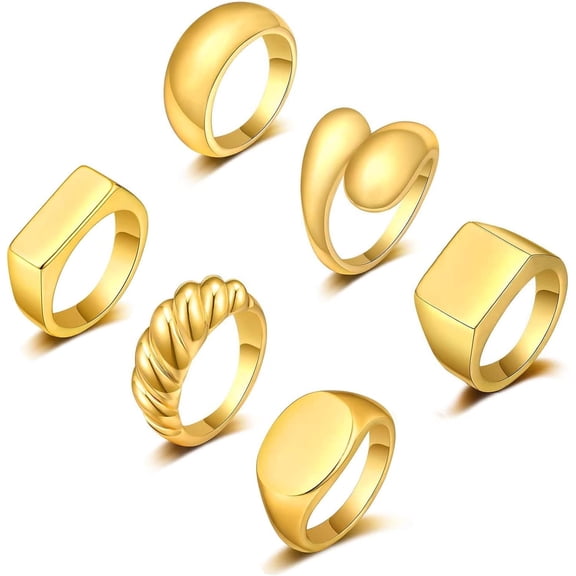 6Pcs Thick Dome Chunky Rings for Women Men 18K Gold Plated Round Signet Rings Braided Twisted Signet Statement Ring Size 5-9