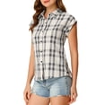 thumbnail image 5 of Allegra K Women's Halloween Costume Point Collar Short Cap Sleeves Plaids Button Down Shirt, 5 of 7