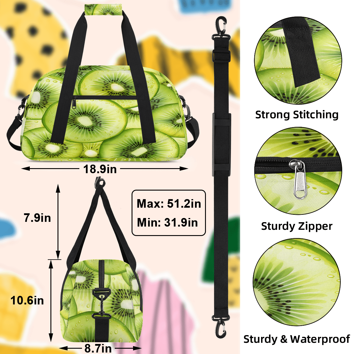 Herdesigns Kiwifruit Sports Duffle Bag for Women & Men, Summer Tropical Fruits Green Gym Bag Dance Bag Overnight Bag Carry On Weekender Travel Bag