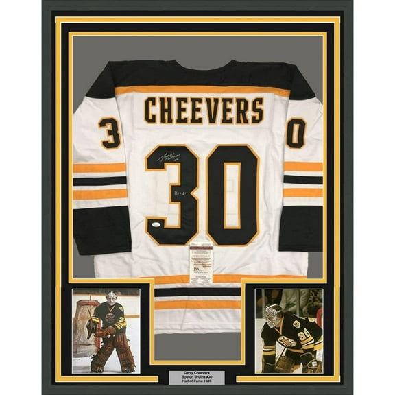 Framed Autographed/Signed Gerry Cheevers HOF 85 35x39 Boston White Hockey Jersey JSA COA