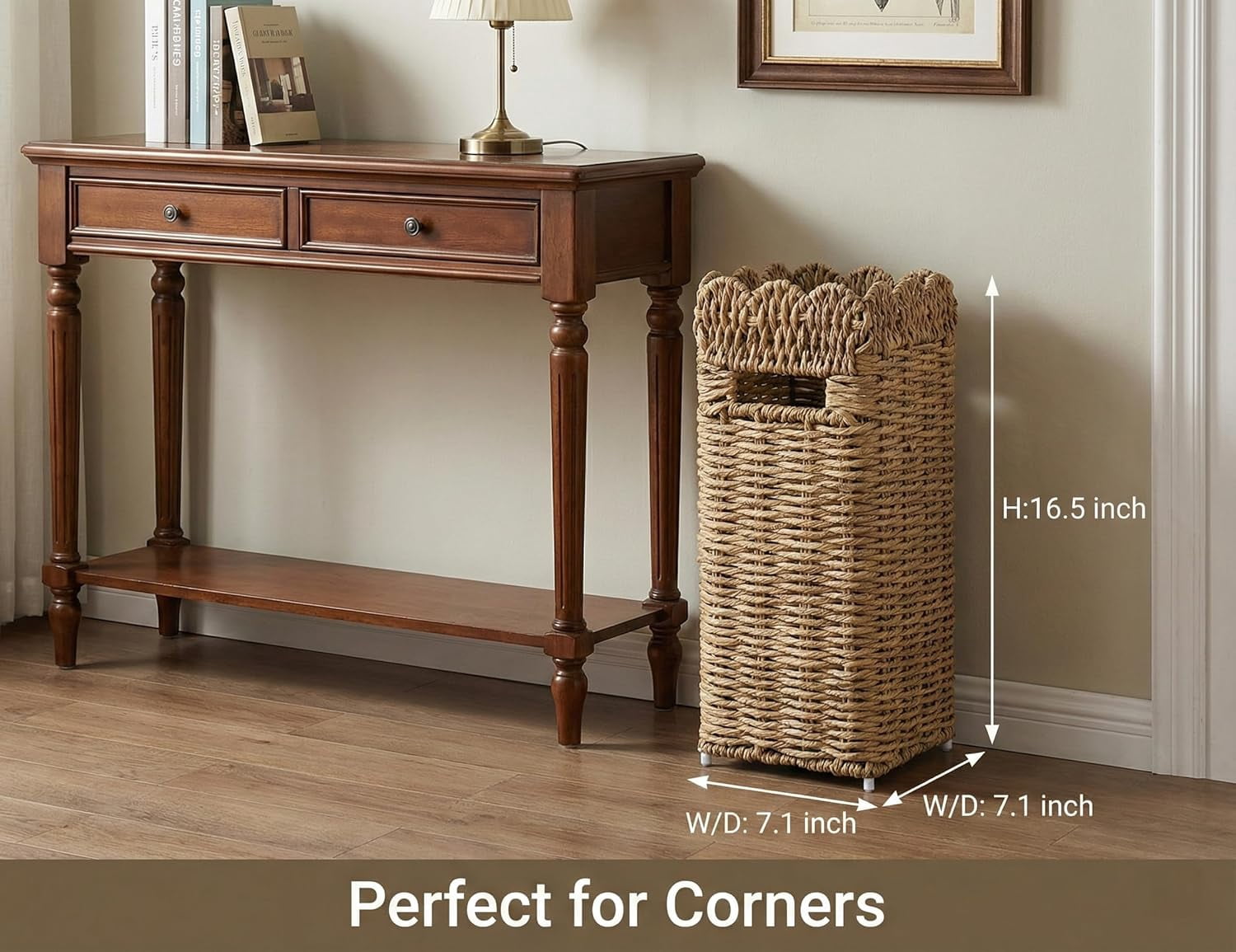 Woven Umbrella Stand for Entryway, PE Rattan Umbrella Holder Basket with Removable Drip Tray, Scalloped Square Cane Stand for Umbrellas, Walking Sticks, Wrapping Paper, Farmhouse Porch Decor