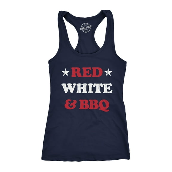 Womens Red White and BBQ Fitness Tank Funny Patriotic Barbecue Text Shirt for Ladies