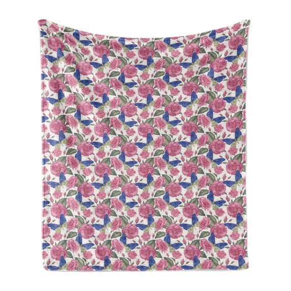 Garden Art Soft Flannel Fleece Blanket, Illustration of Flowers in Victorian Style Exotic Butterflies and Pink Blossoms, Cozy Plush for Indoor and Outdoor Use, 50" x 60", Multicolor, by Ambesonne