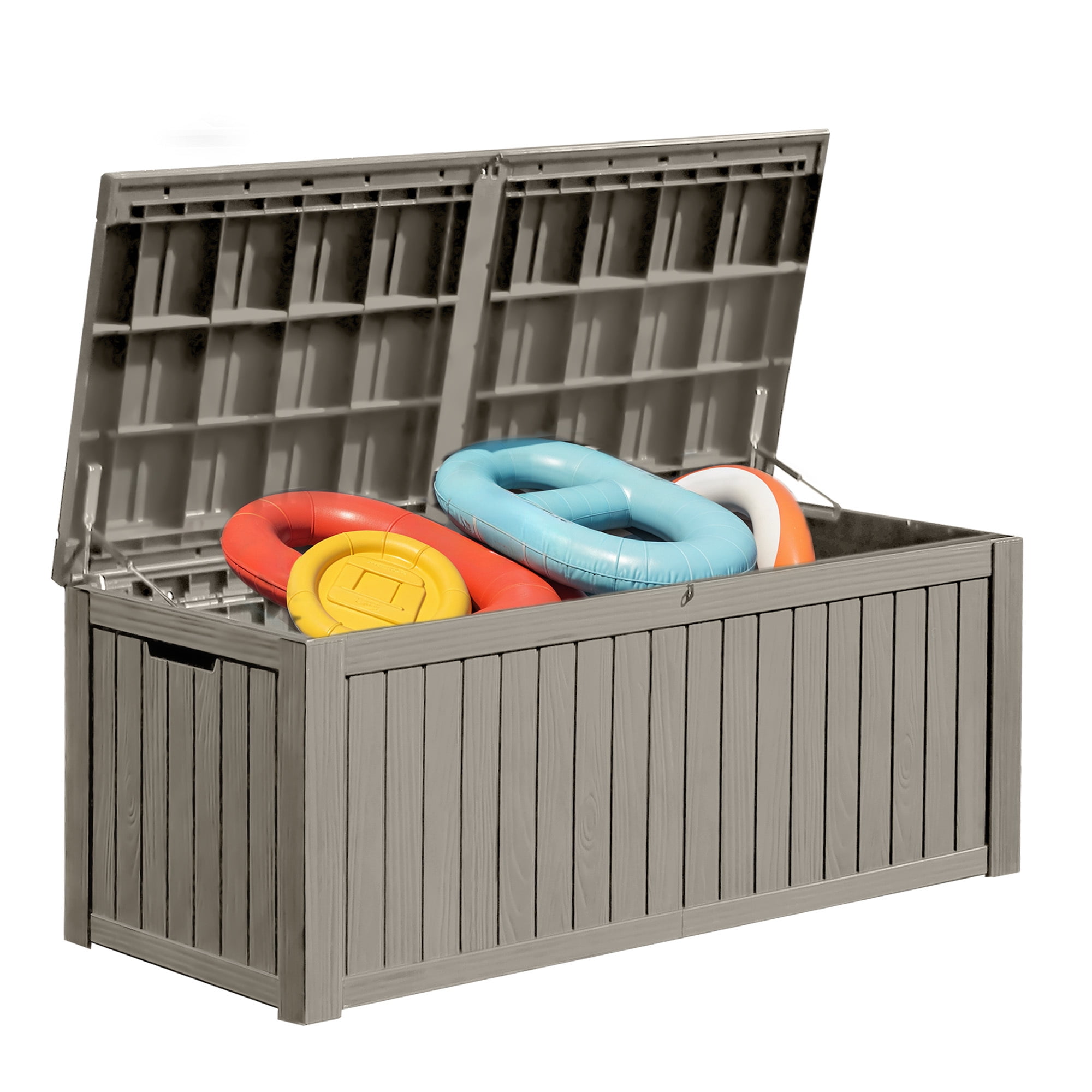 Dextrus 180 Gallon XL Resin Deck Box, Light Brown Waterproof Lockable Outdoor Storage Box with Removable Divider, Large Patio Organizer for Cushions, Garden Tools, Sports Gear and Pool Supplies