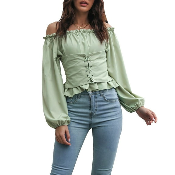 Women Off Shoulder Long Puff Sleeve Tops Pure Color Front Lace Up Back Shirred Blouse Shirt for Dating Light Green XL