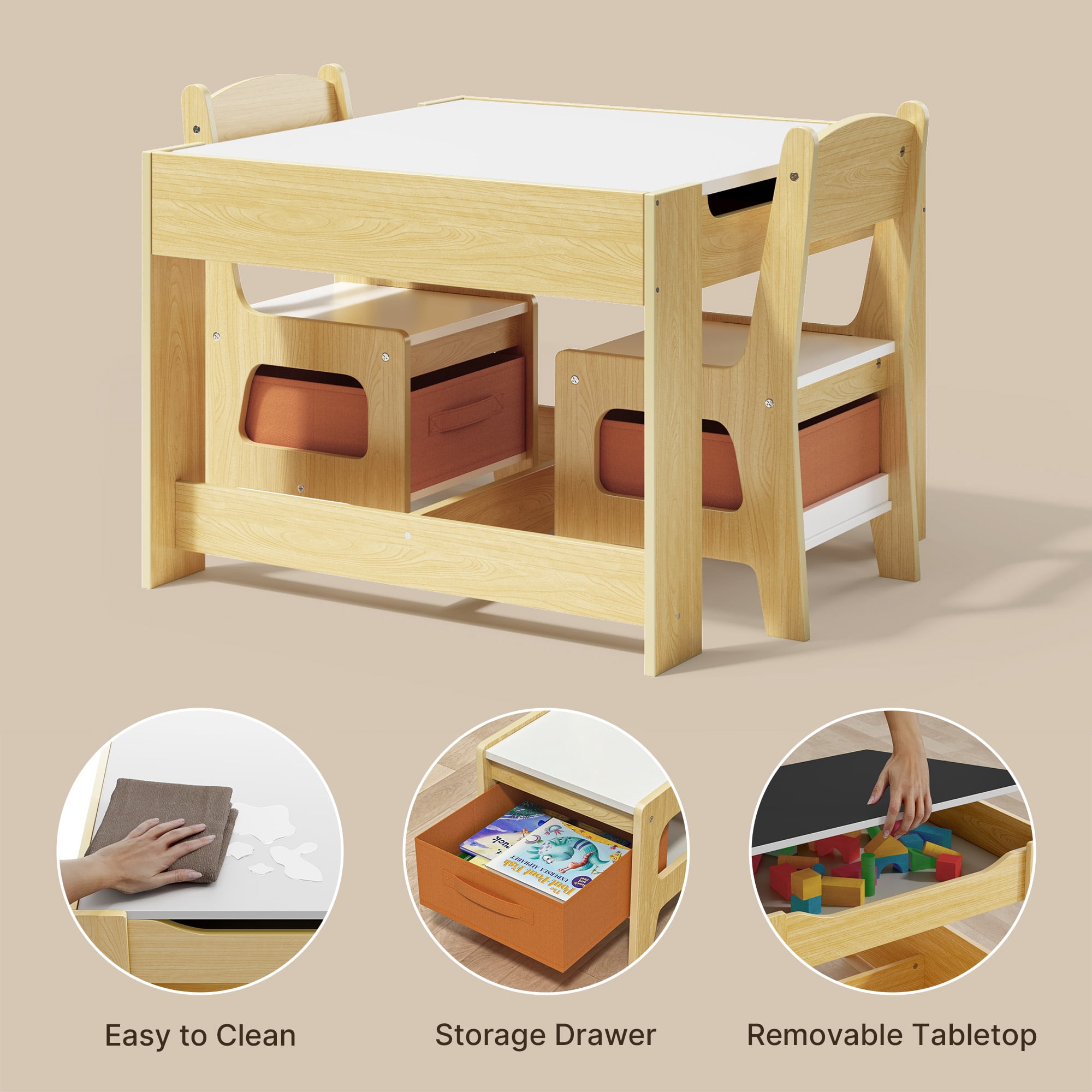 Kids Table and Chairs, Noelse Toddler Table with Storage, 3 in 1 Kids Craft Dinner Table Set for Eating, Drawing and Reading in Kids Playroom, Natural