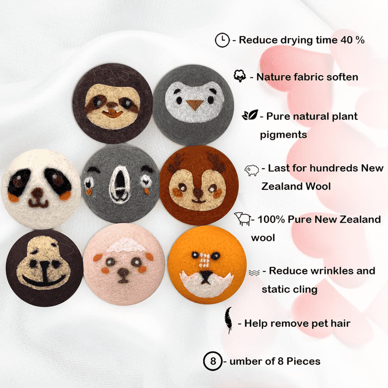 Wool Dryer Balls, 8 Pack Organic Dryer Balls with Cute Animal