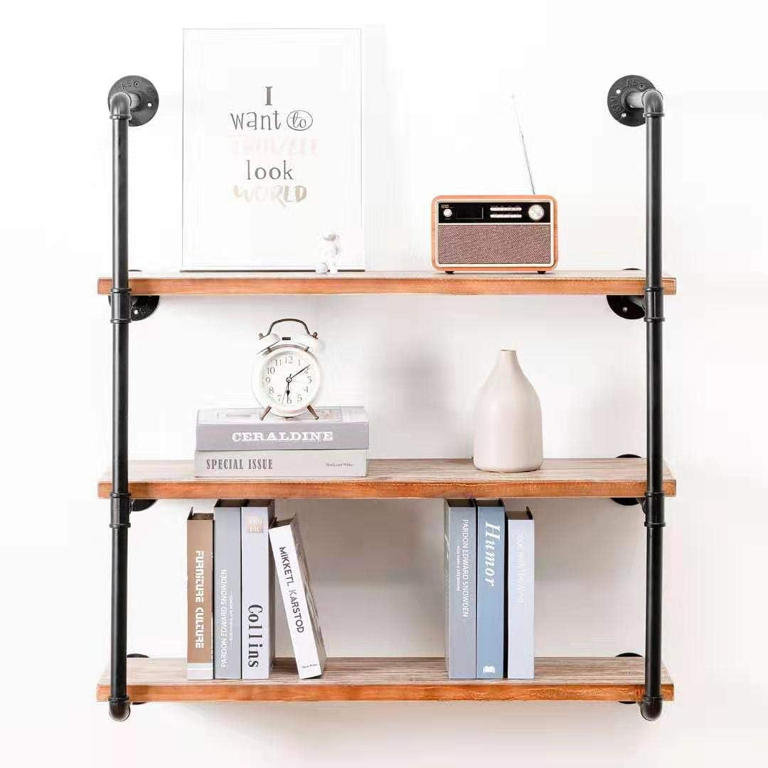 Industrial Wall Mounted Pipe Shelving,Rustic Metal Floating Shelves,Steampunk Real Wood