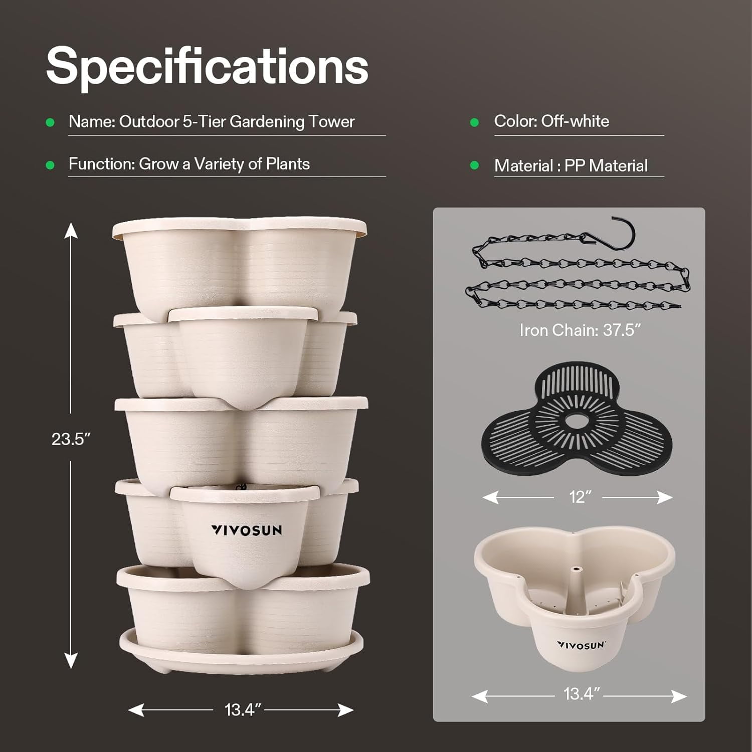 VIVOSUN 5 Tier Vertical Gardening Stackable Planter for Strawberries, Flowers, Herbs, Vegetables