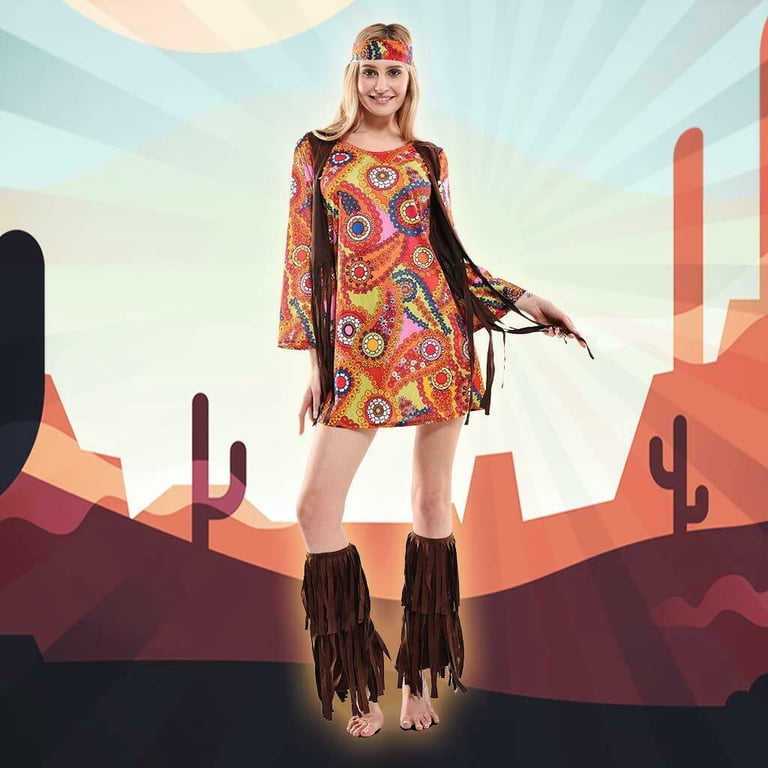 ladies 70s fancy dress costumes Eraspooky 60s Hippie Groovy Women's Fancy-Dress Costume for Adult, XL Style:KA0265K