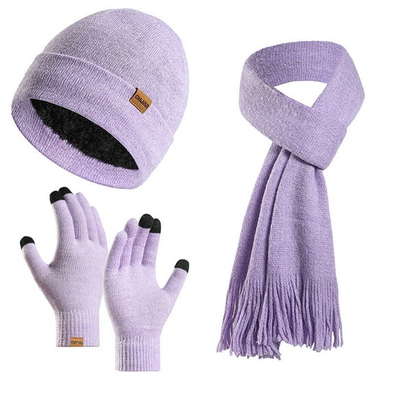 Womens Satin Lined Beanie Scarf Gloves Set, Silk Lined Winter Hats Knit Scarf Touchscreen Gloves, 3 Warm Gift Set Light Purple Free