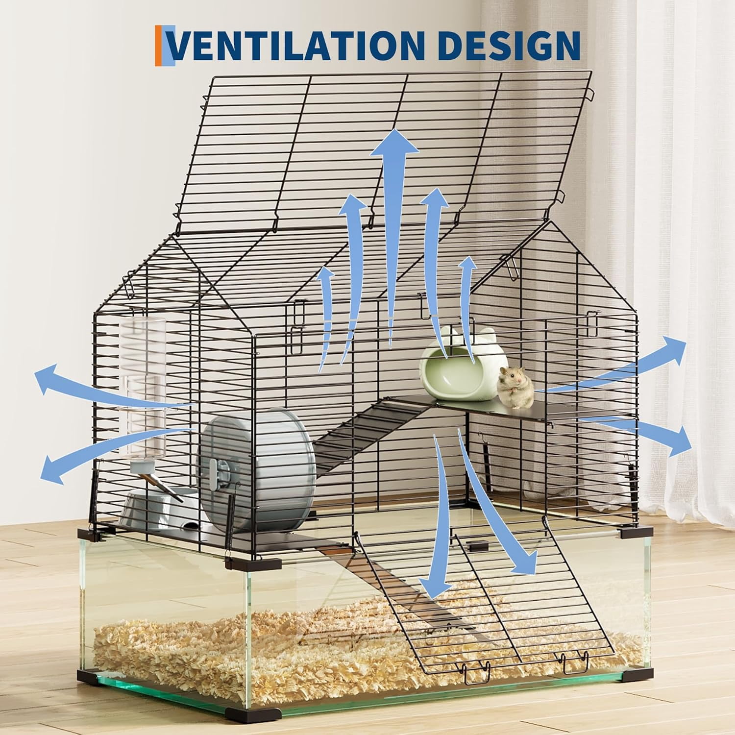 M optimized Large Hamster Cage, 3-Tier Gerbil Cages with Running Wheel, Water Bottle, Food Bowl, Ramps, Portable Hamster House with 7" Deep Glass Bottom for Syrian, Dwarf Hamster, Gerbils
