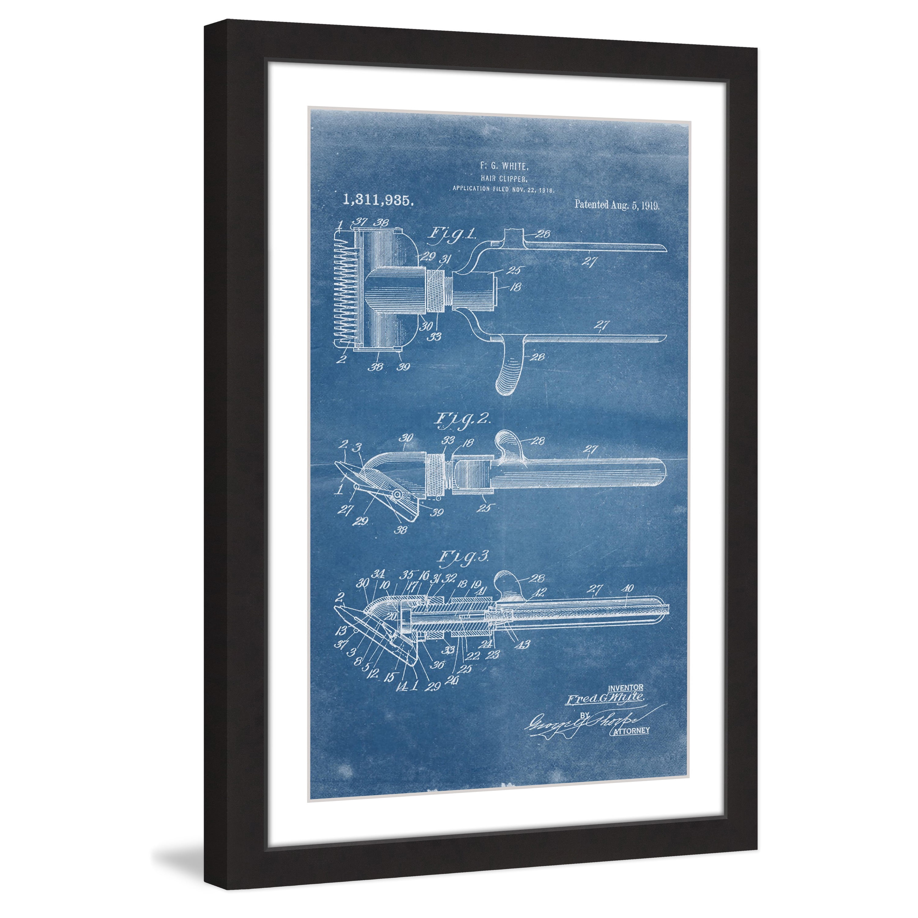"Hair Clipper 1919 Blueprint" Framed Painting Art Print, 24" x 1.5"