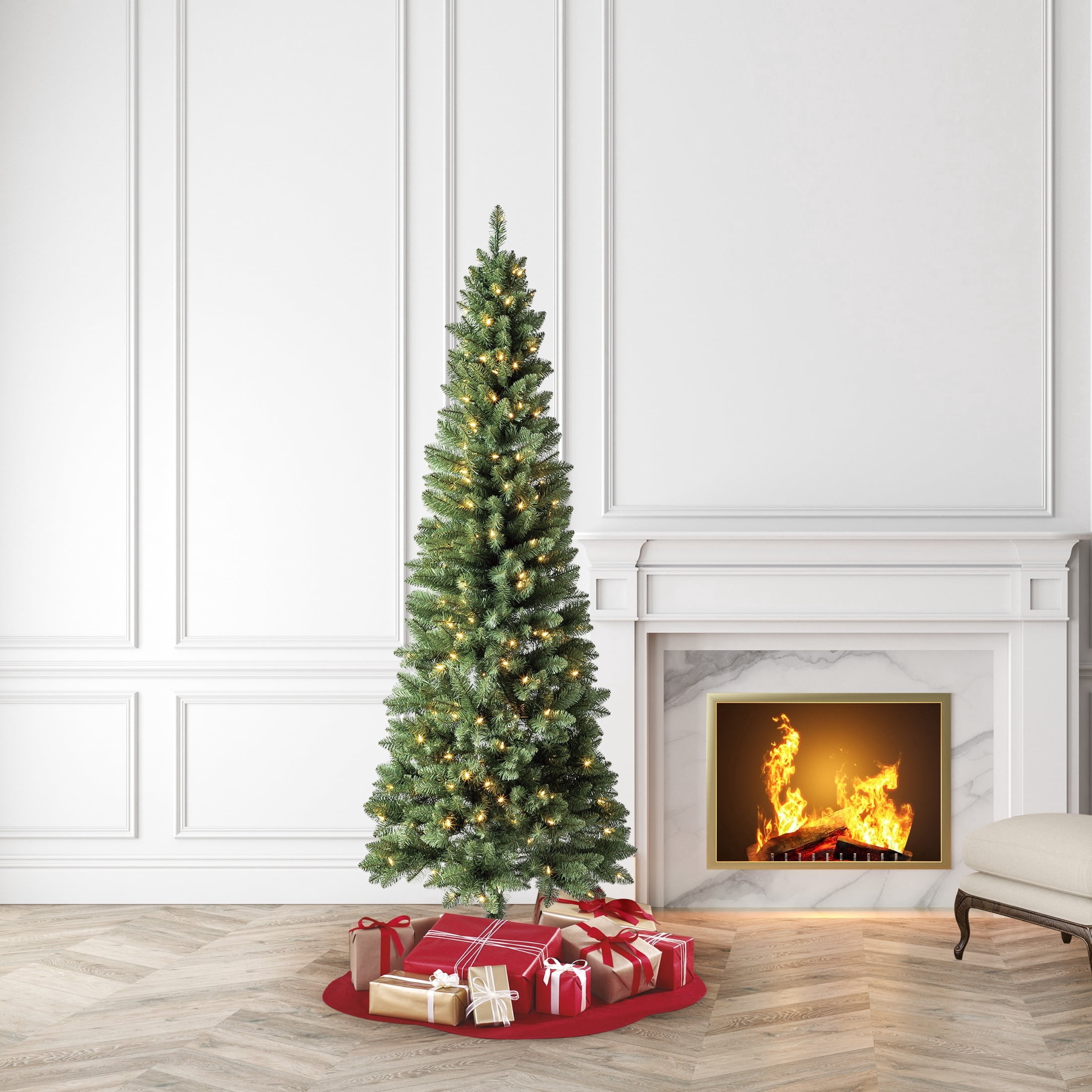 7' Pre-Lit Brinkley Pine Green Artificial Christmas Tree with 250 Warm White LED Lights and Stand, by Holiday Time