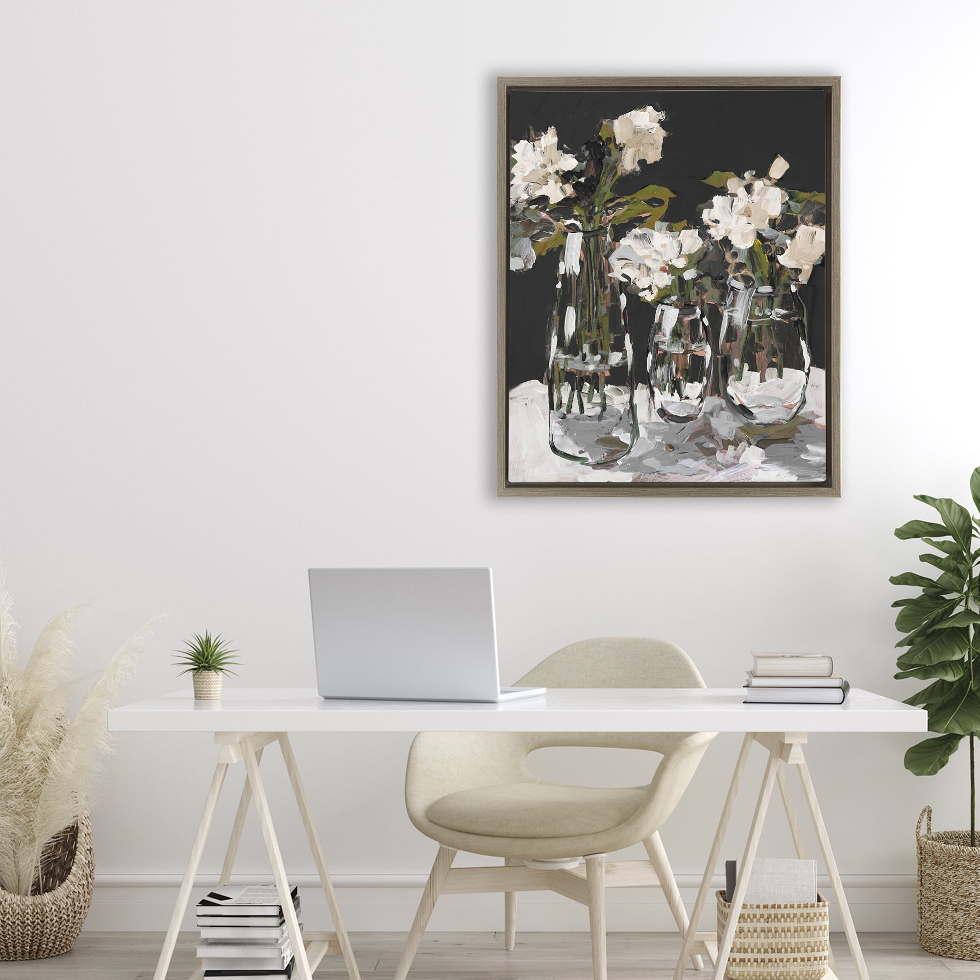 Stupell Industries Three Flower Vases on Black Brown Framed Floater Canvas Wall Art, design by Jane Slivka
