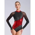 thumbnail image 3 of vastwit Women Sparkly Color Block Long Sleeve Gymnastics Leotard Athletic Bodysuit Figure Skating Ballet Dancewear Black&Red XL, 3 of 7