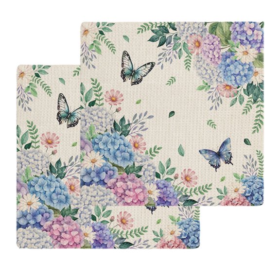 Watercolor Flowers Kitchen Dish Towels for Drying Dishes Set of 2, Spring Floral Butterflies Botanical Beige Waffle Weave Microfiber Hand Tea Bathroom Towels Quick Dry & Absorbent Towel 12x12