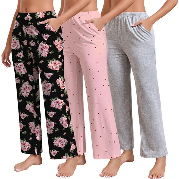 PinkBeautiM Womens Pajama Pants with Pockets, Soft Stretch Lounge Pants 3 Pack, Sizes M-XXXL
