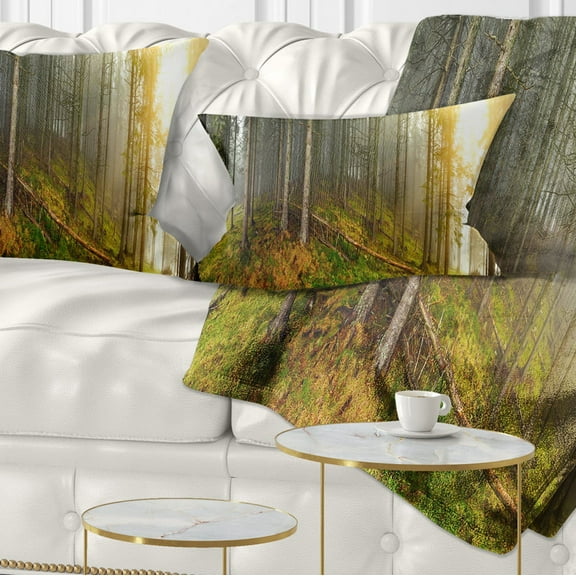 Designart Early Morning Sun in Forest - Landscape Photography Throw Pillow - 12x20