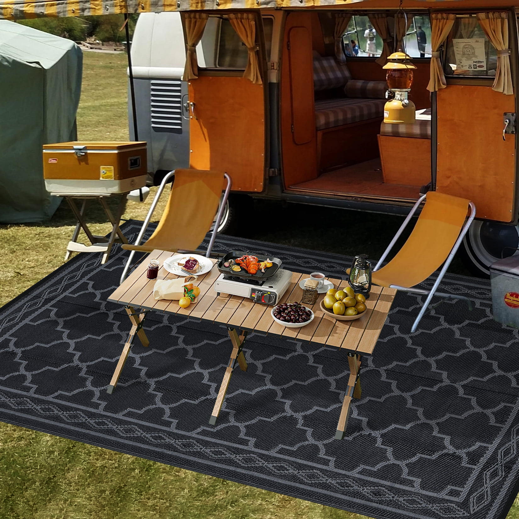 CAROMIO 6' x 9' Black & Gray Outdoor Rug Plastic Straw Rug Bohemia Waterproof PP Tube Woven Picnic Mat for Patio Decor Porch Balcony Picnic Rug