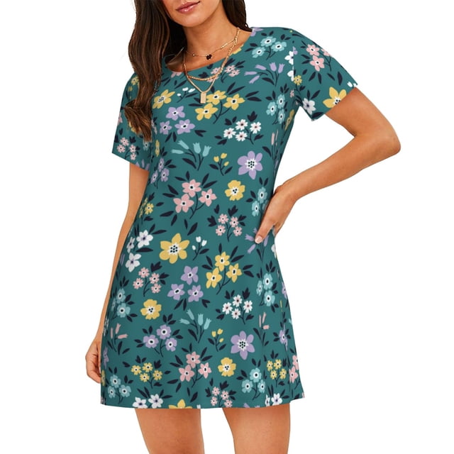 Fotbe Floral Bata de Dormir para Mujer con Estampado, Camisón de Algodón de Manga Corta, Ropa de Dormir Casual
