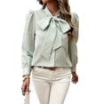 thumbnail image 3 of Womens Tie Neck Long Sleeve Shirts Casual Work Blouses Tops Green XXL, 3 of 9