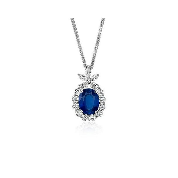 2.30 T.C.W Oval Shape Blue Sapphire Gemstone Real Diamond Wonderful Halo Design Necklace for Ladies Solid 14K White Gold With 18 inches Chain