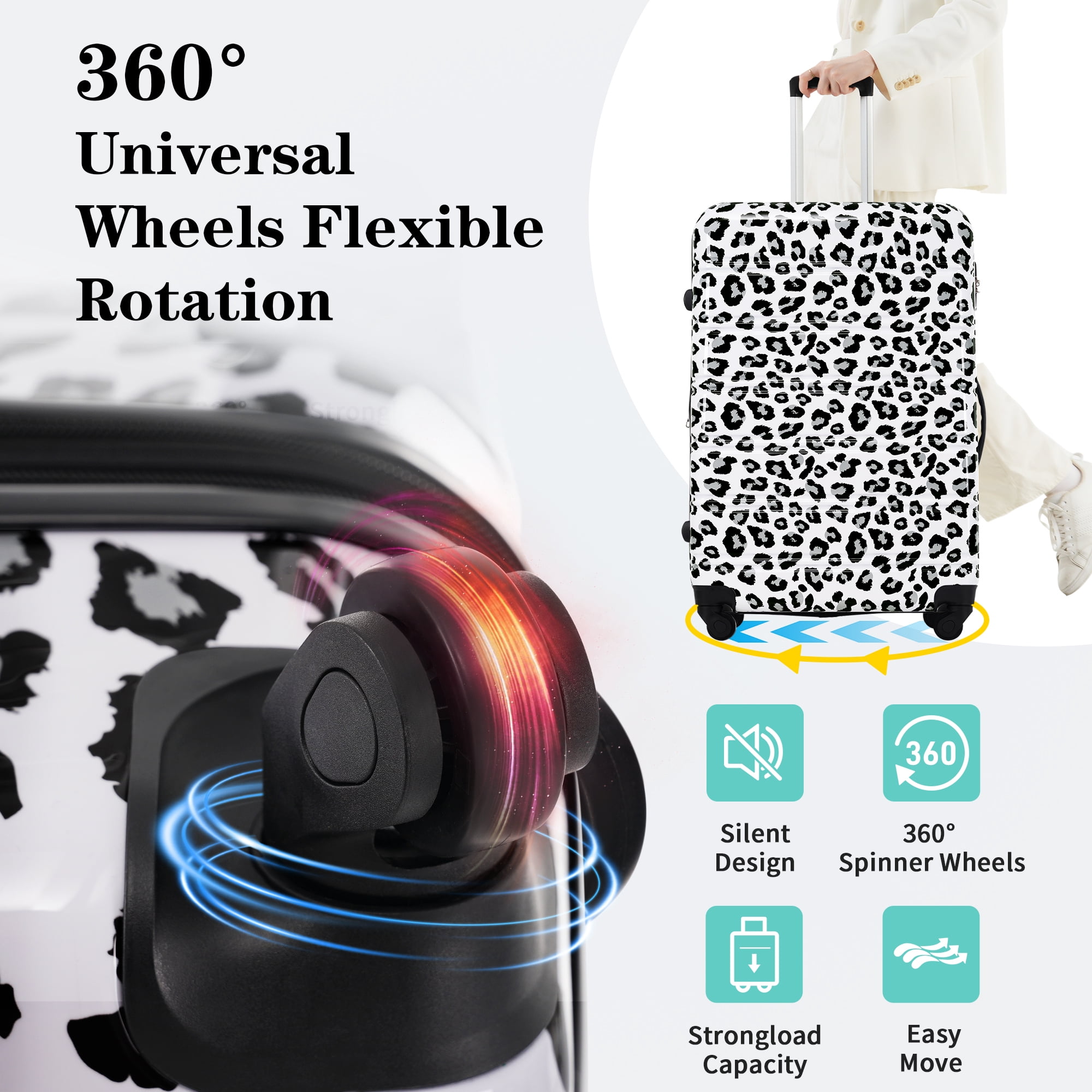 MAYEERTY 3-Piece Lightweight PC Luggage Set - Leopard Print Expandable Hardshell Suitcase with TSA Lock & Spinner Wheels, Black