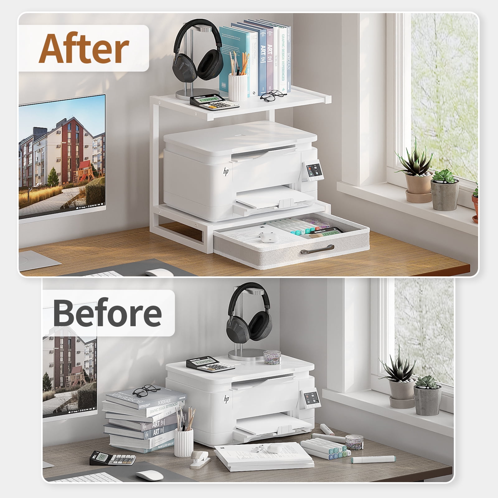 MIN EN WIN 2-Tier Monitor Stand Riser with Fabric Drawer, Sturdy Desk Organizer for Adult Home Office