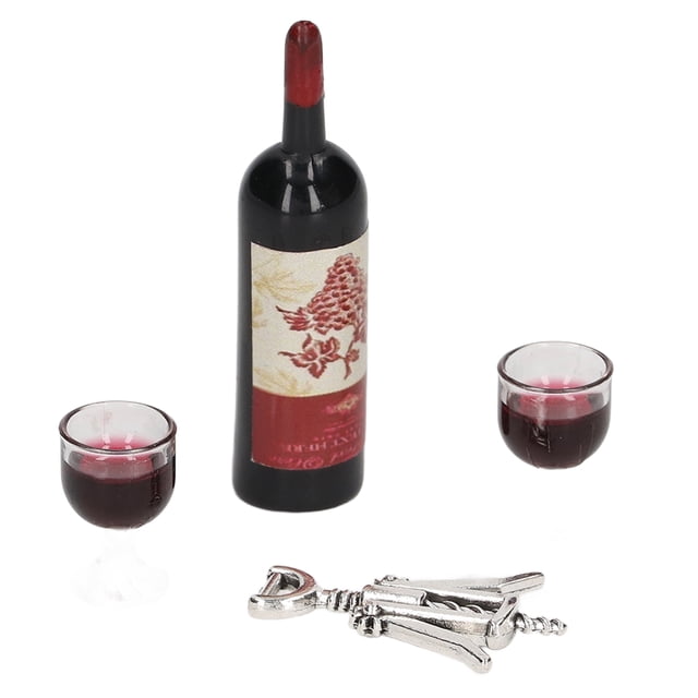 Juego de vino tinto para casa de muñecas, simulación de botellas de vino tinto a escala 1/12, abridor de botellas de vino tinto, minidecoración para casa de muñecas.