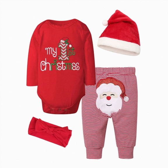 YDFCWXW Baby Girl Boy Christmas Outfit My 1st Christmas Infant New Year 4 Pcs Set, Cute Holiday Clothes (Red, 9-12 Months)